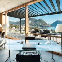 Modern house in cement, interiors, view from the living room